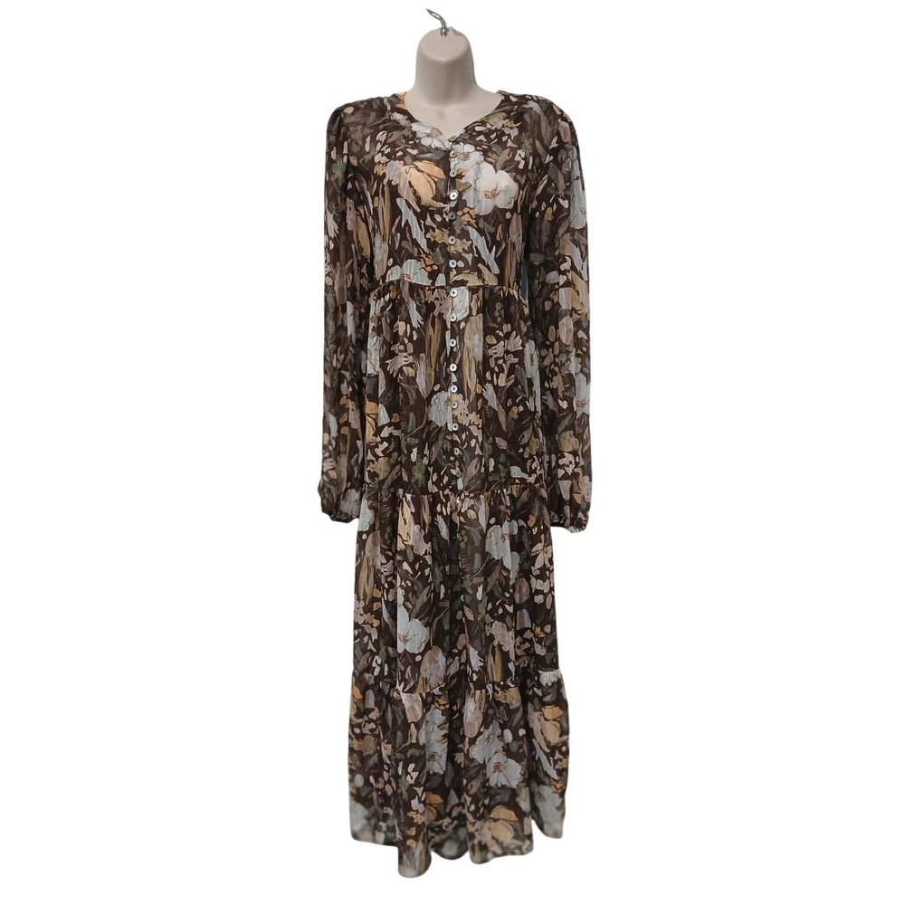 NEW Worth Collective Maternity XL Brown Multi Floral‎ Tiered Maxi Dress CL1439